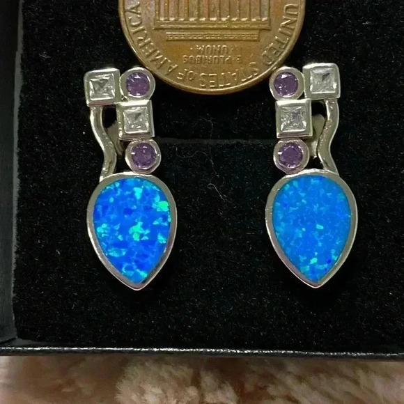 Lab created Opal earrings set in Rhodium plated sterling silver NWOT - Picture 6 of 7